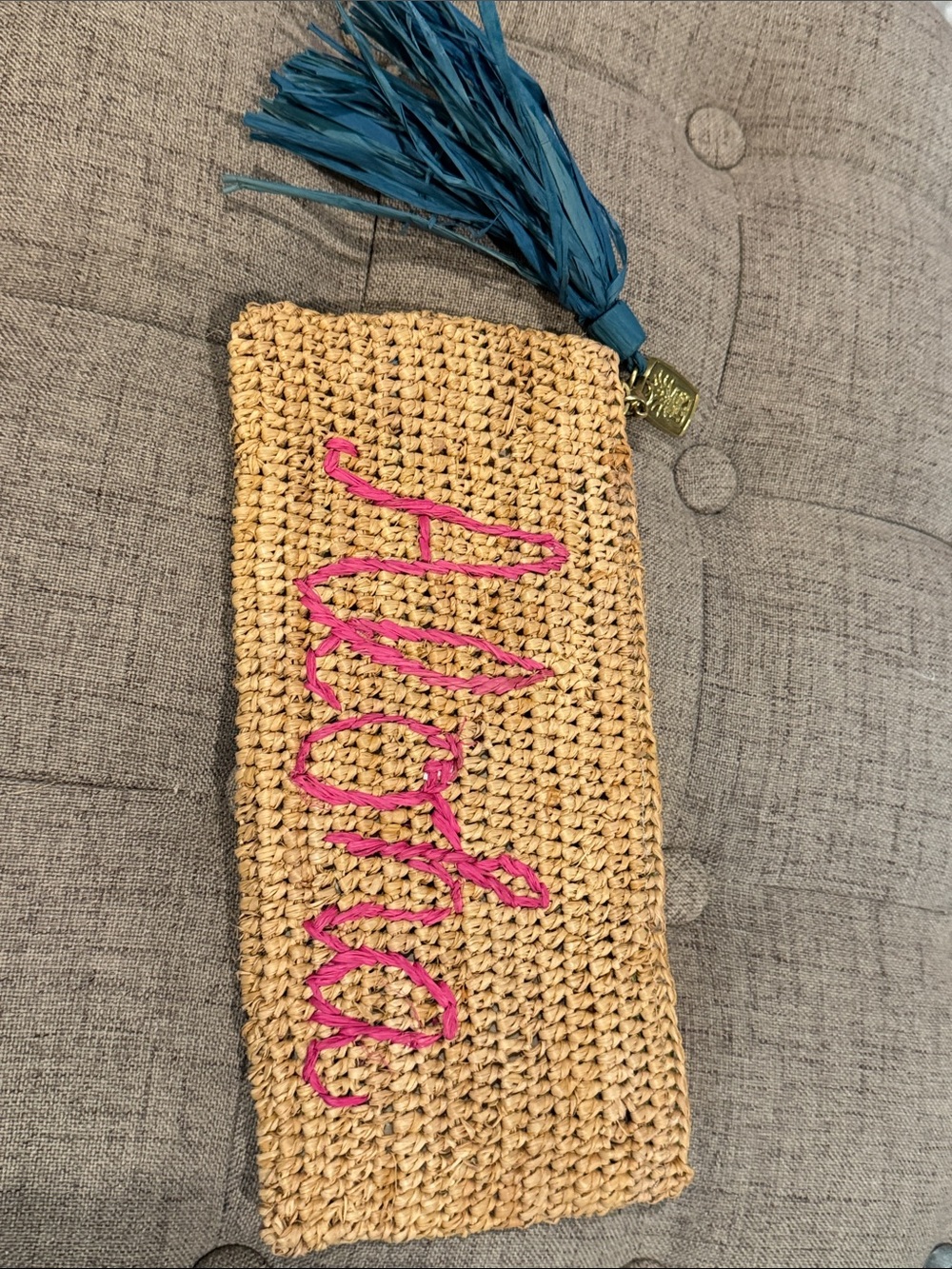 Tori Richard Natural Straw Pouch with Pink Aloha Embroidery and Teal Tassel